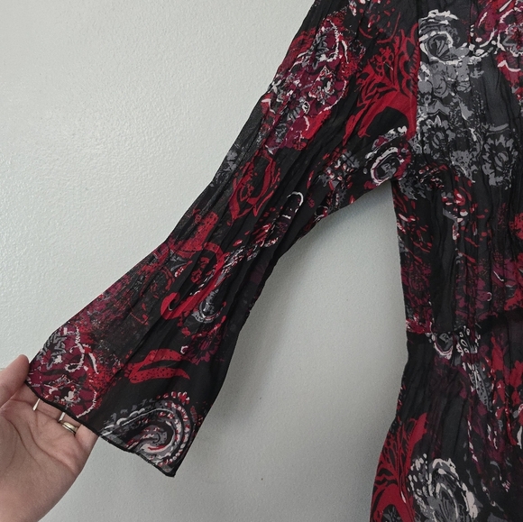 Black Red Sheer Blouse Lace Trim Tie Front Romantic Visual Kei Whimsigoth Large - Picture 3 of 11